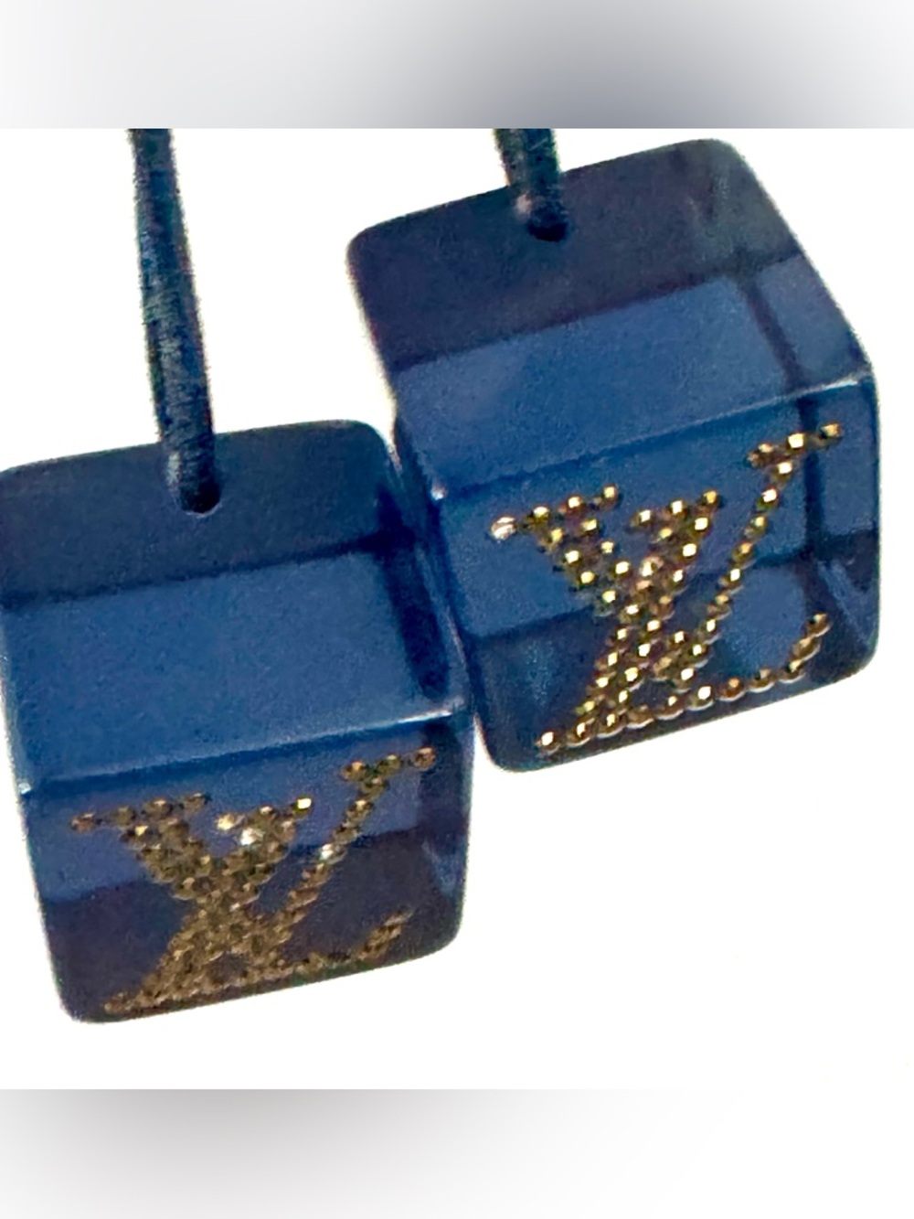 LOUIS VUITTON  Blue Cube Dice Hair Tie LV Studded Resin Gold Tone Elastic Pair - Picture 6 of 6